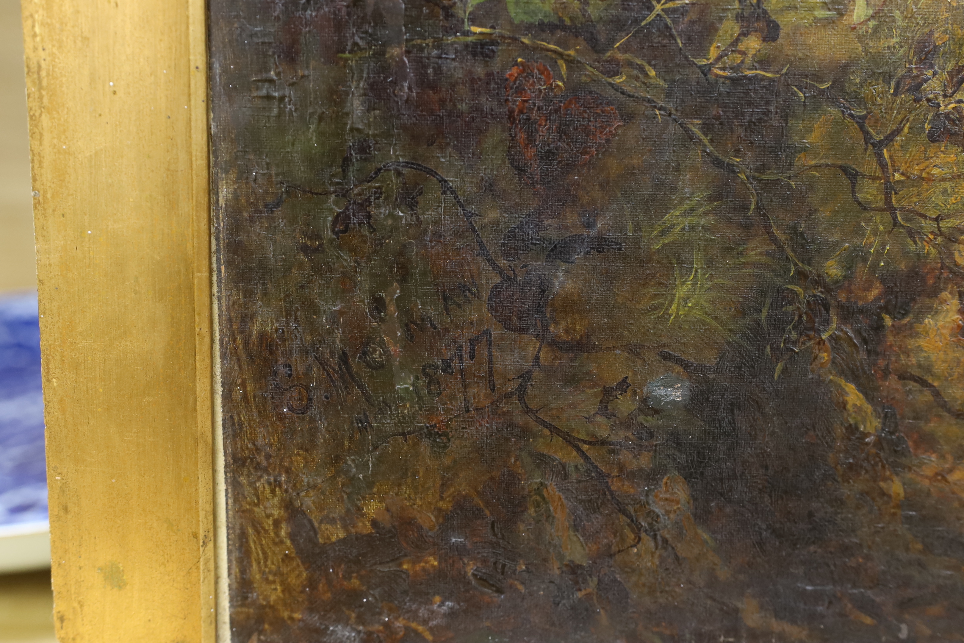 Victorian School, oil on canvas, Boy with his dog before a landscape, indistinctly signed and dated 1877, 60 x 50cm